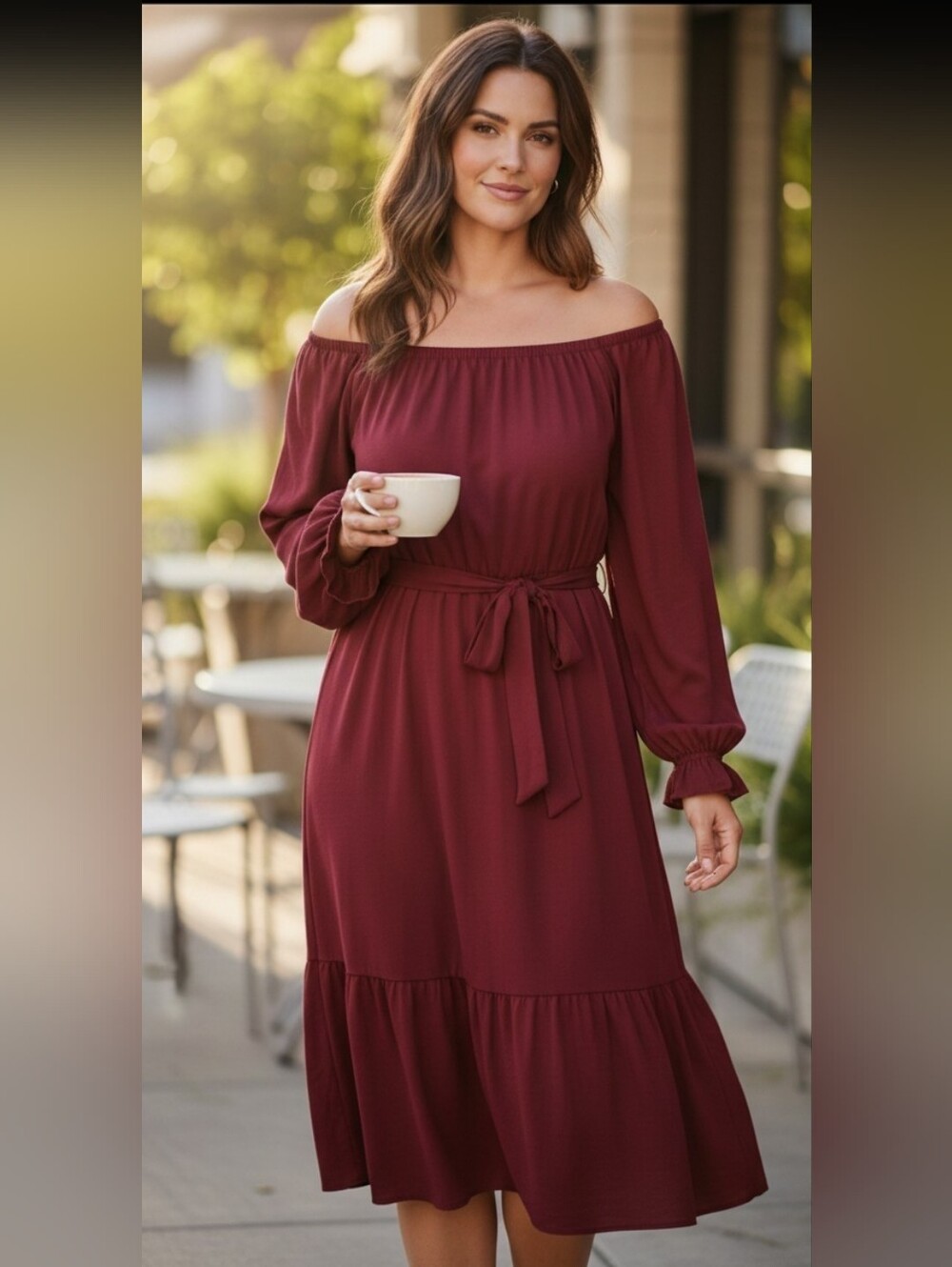 KOJOOIN Burgundy Midi Dress with Self Tie